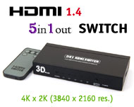HDMI Ver 1.4 5x1 Switch with Remote, [T-306A], 5 in 1 out / 4K x 2K pixeles / 3D