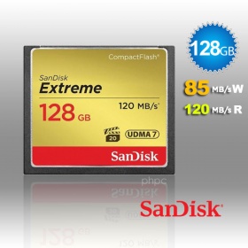 128GB SanDisk Extreme Compact Flash Card with (write) 85MB/s and (Read)120MB/s - SDCFXSB-128G