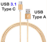 USB Type A to Type C Data Sync & Charging Cable, 1.5 meters Braided Nylon Gold Colour