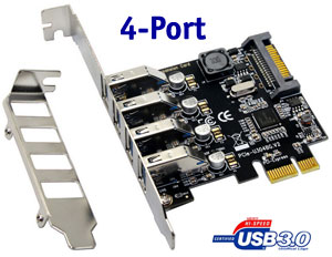 SSU USB 4-Port Low & Full Profile PCI-E Card, Over-current Protection, Self Powered Module