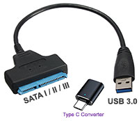 USB 3.0 to Standard SATA Converter Cable - Windows / Mac / Linux, USB A & Type C