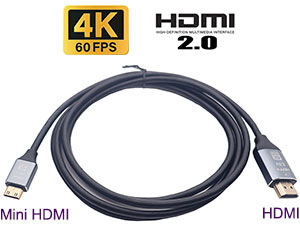 Cable: mini HDMI (Type C) to HDMI (Type A) 1.8M, 4K Ultra HD, Gold-Plated Connector